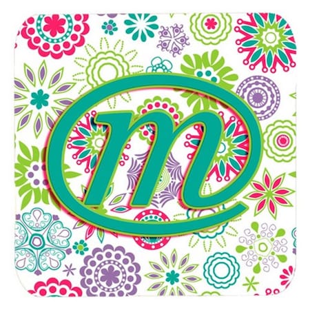 Letter M Flowers Pink Teal Green Initial Foam Coasters- Set Of 4
